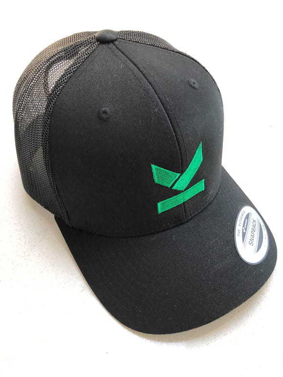 Limited edition green logo snapback hat with curved peak in 3 different styles. Design by Kodish.