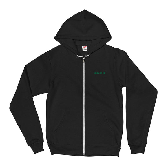 'K D S H' UNI ZIP UP HOODIE WITH GREEN EMBROIDERED KDSH LOGO IN 3 COLOURS