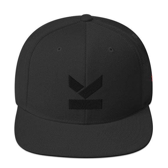 Kodish snapback hat with flat peak and black on black embroidered logo with red side logo by Yupoong.
